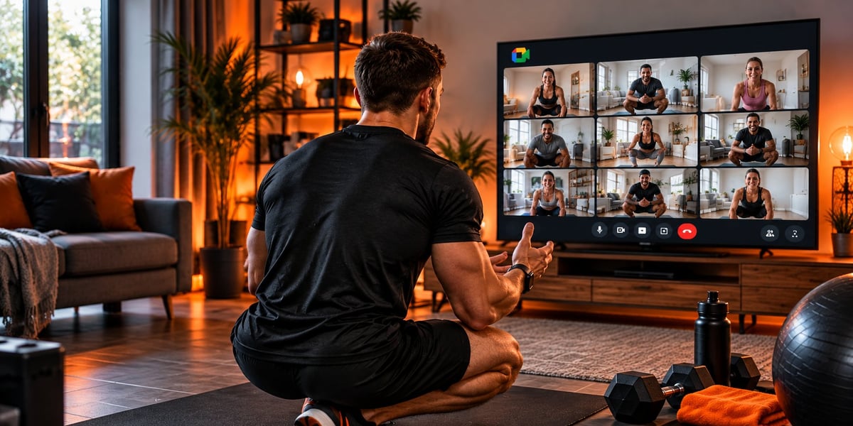 Man in black shirt sitting on the floor facing a large screen showing multiple people in a video-call home fitness class